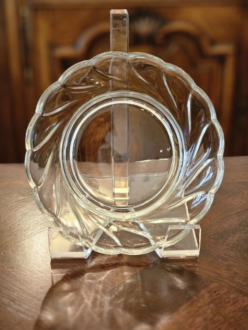 Vintage 60s Clear Pressed Glass Serving Dish Bowl w/Scallop Swirl 7" Medium